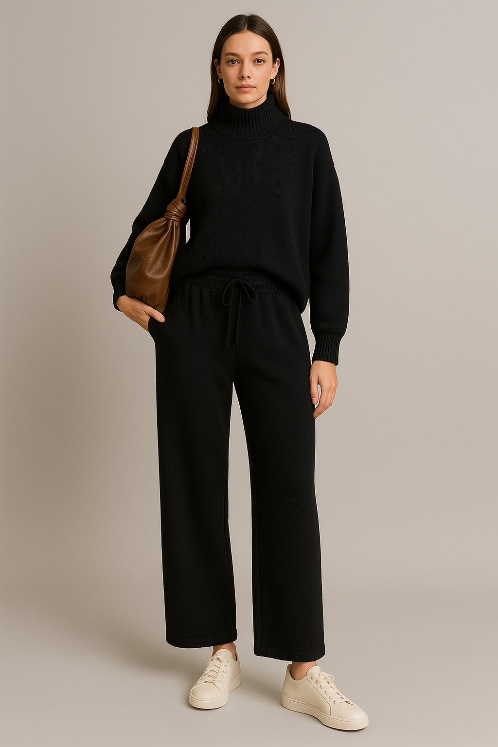 Ribbed Turtleneck Knit Set for Women