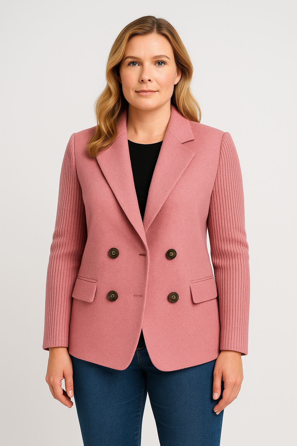 Double-Breasted Knit Sleeve Blazer Jacket for Women