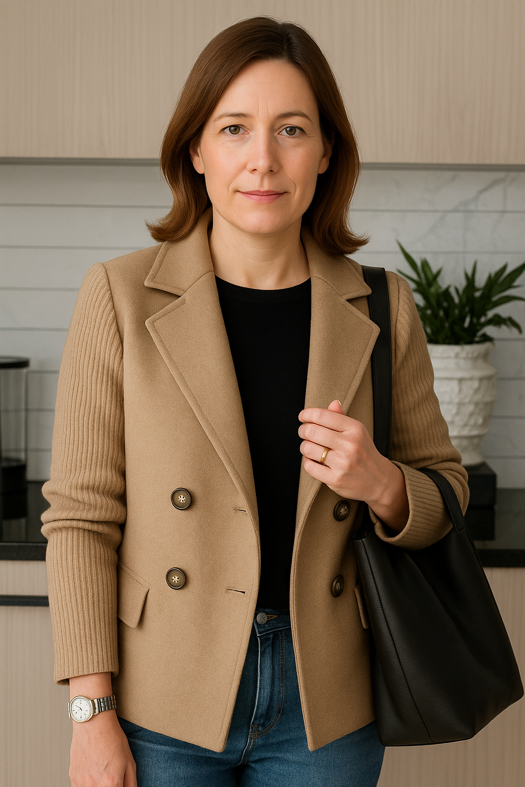 Double-Breasted Knit Sleeve Blazer Jacket for Women