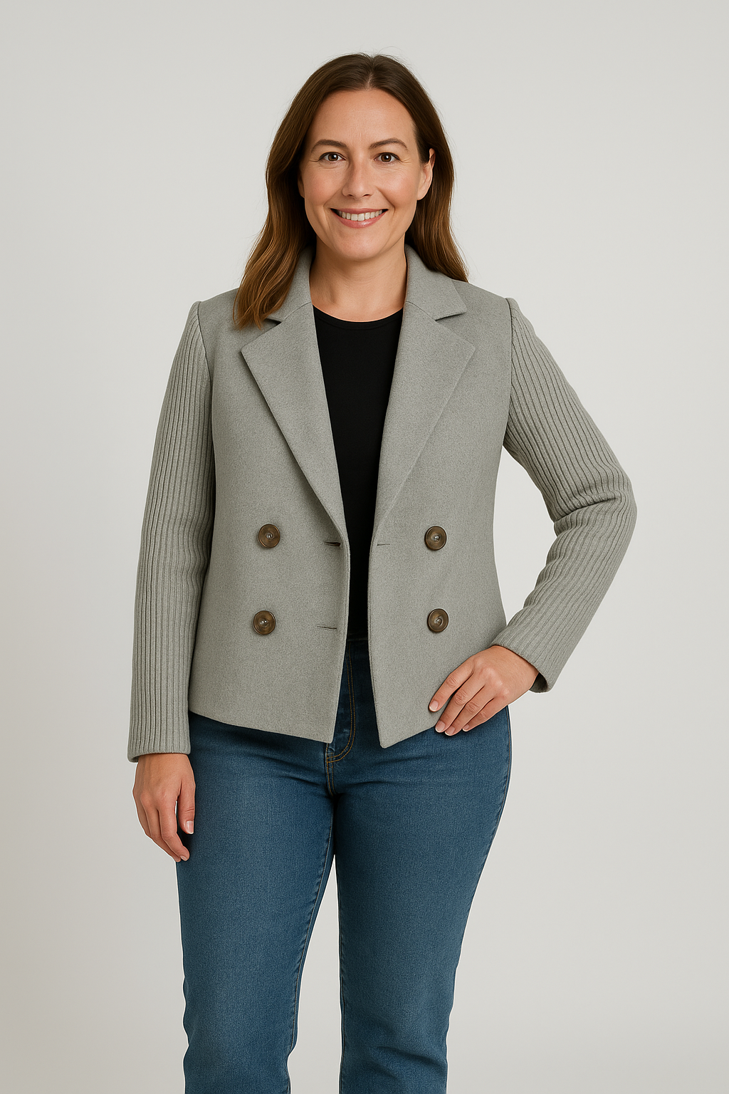 Double-Breasted Knit Sleeve Blazer Jacket for Women