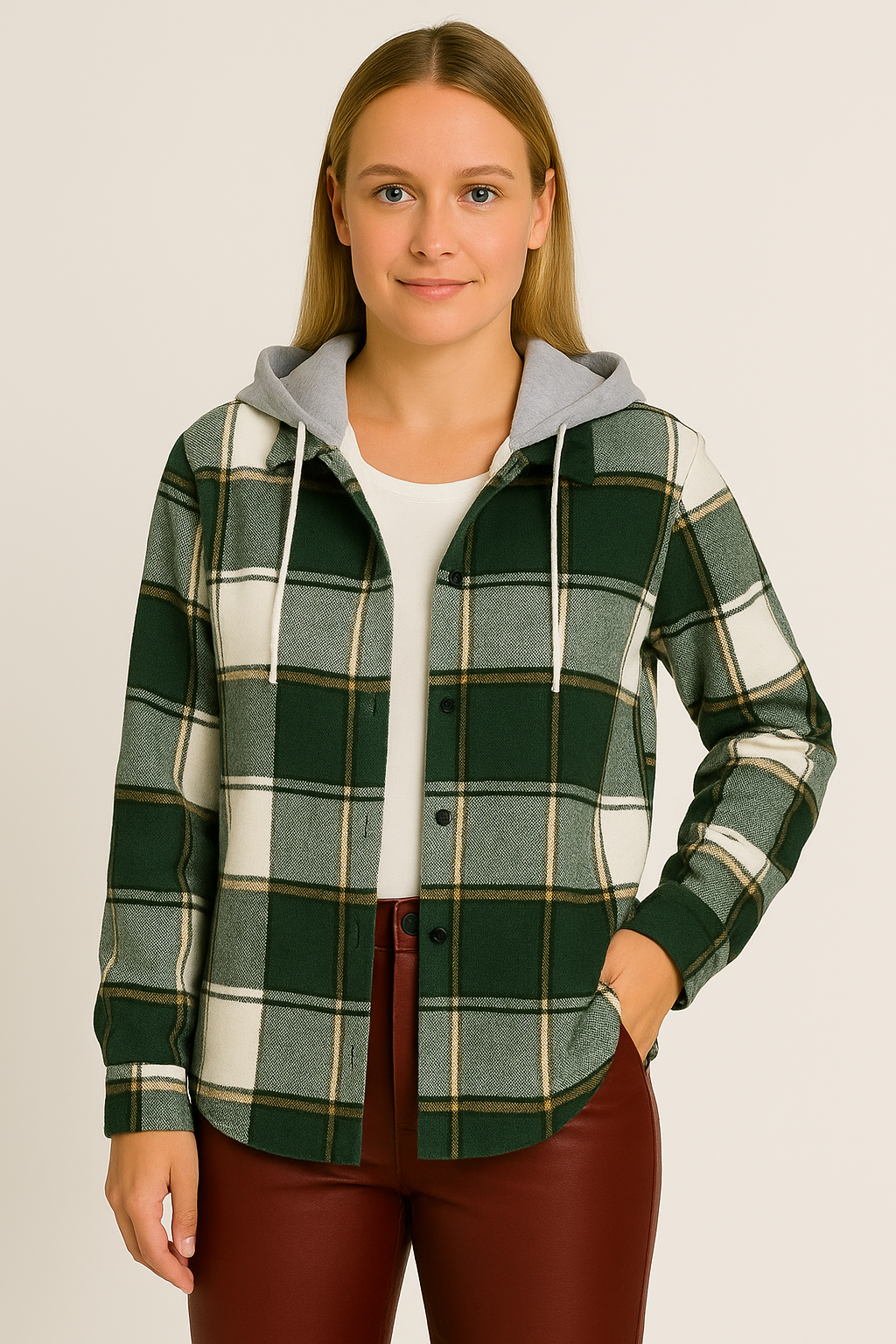 Plaid Hooded Button-Up Jacket for Women
