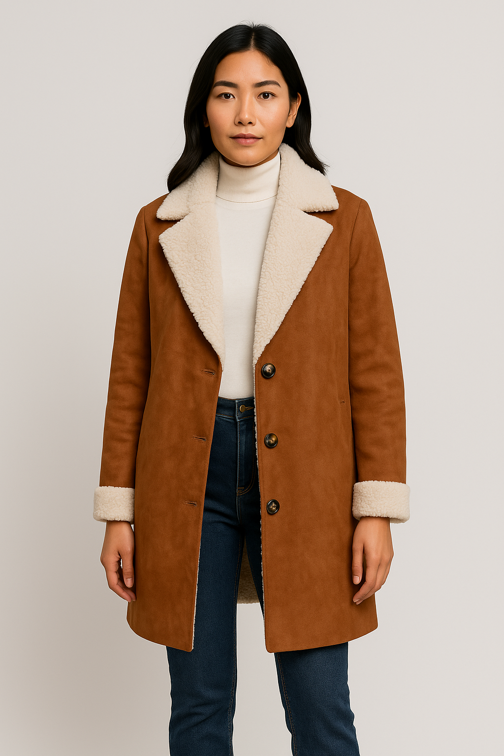 Faux Shearling Lined Button-Up Coat for Women