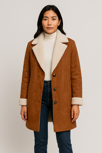 Faux Shearling Lined Button-Up Coat for Women