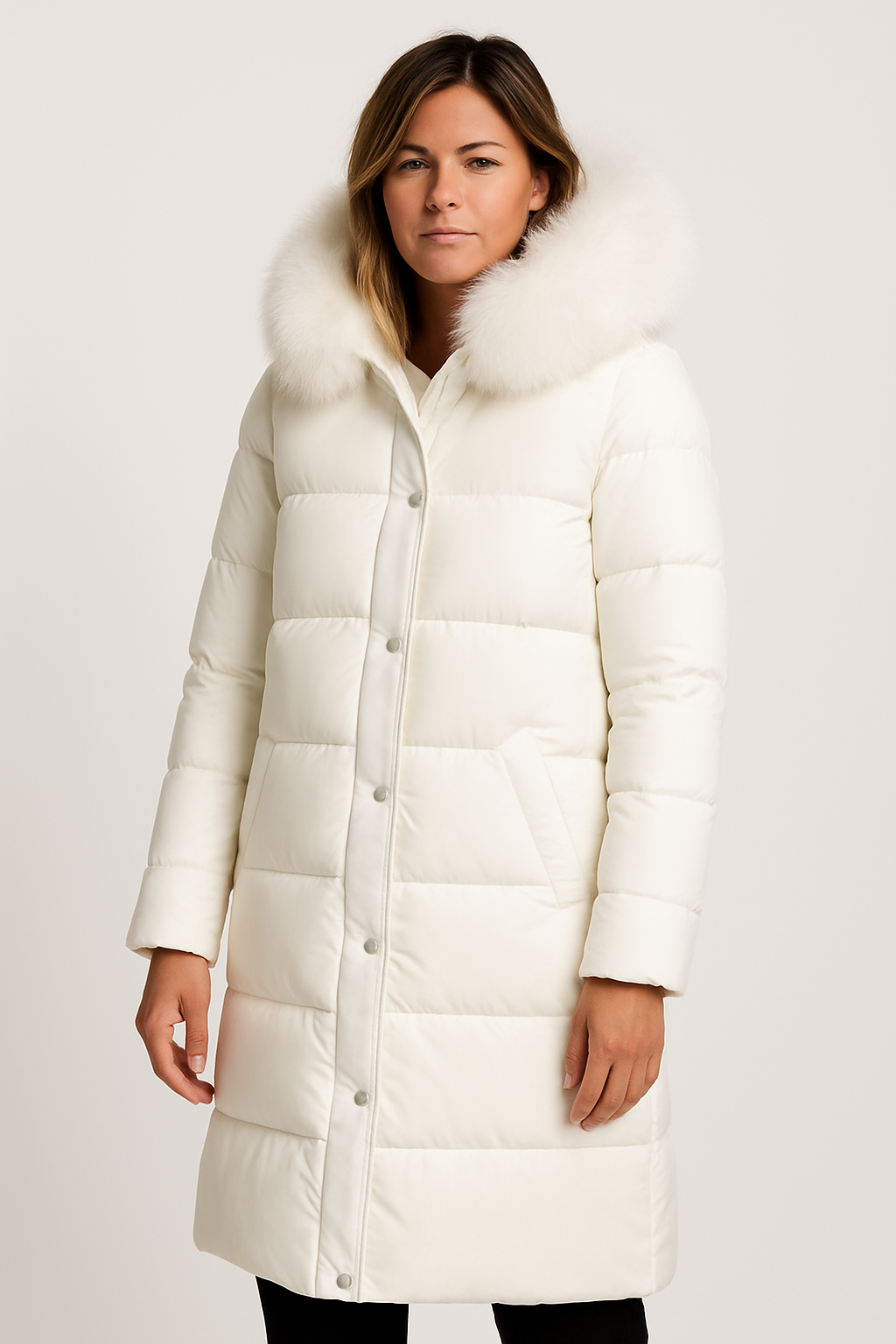 Long Quilted Puffer Coat with Faux Fur Collar for Women