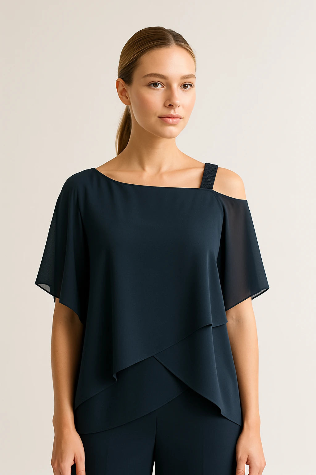 Cold Shoulder Layered Top and Straight-Leg Pants Set for Women