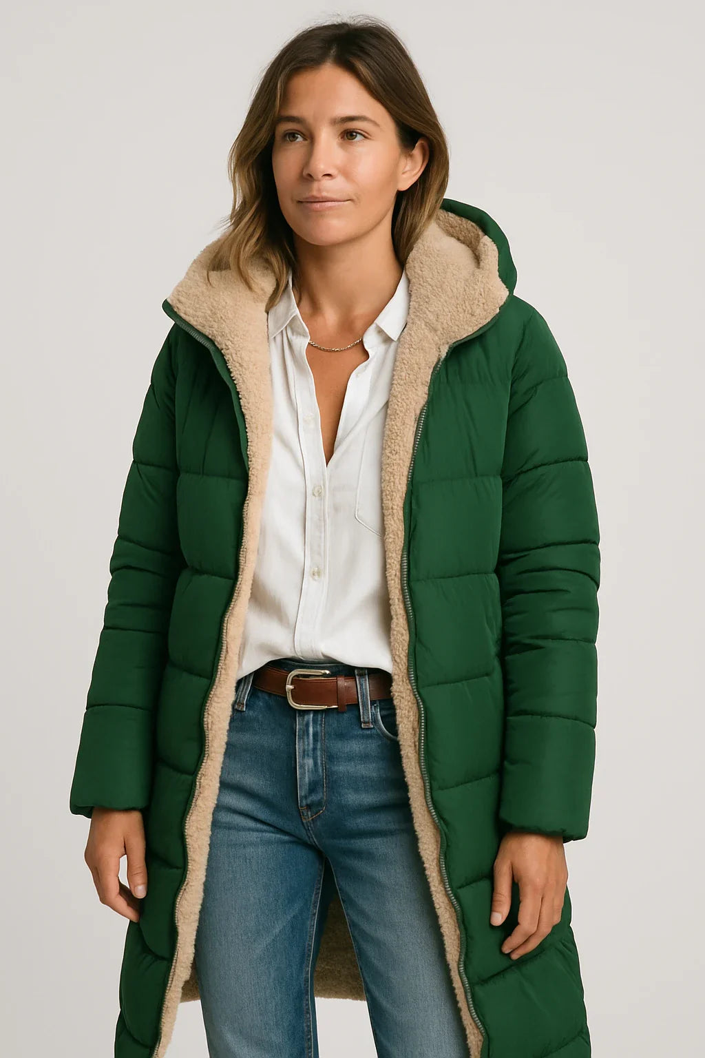 Long Quilted Hooded Coat with Soft Fleece Lining for Women