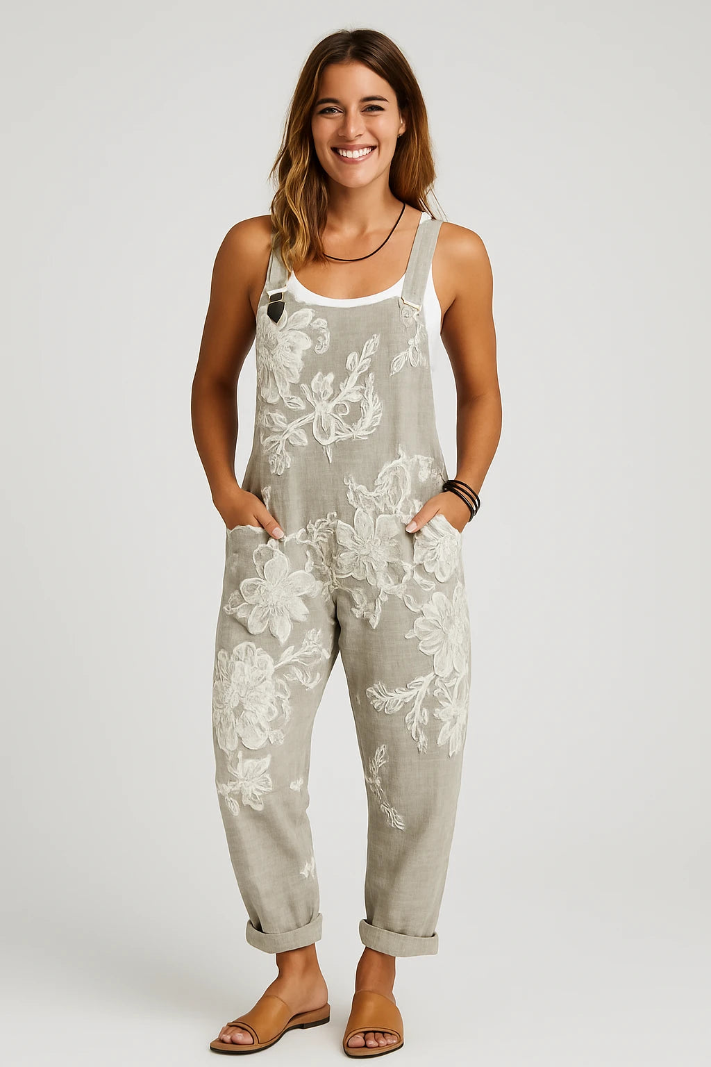 Womens Summer Overalls with Loose Fit – Soft Embroidered Floral Design – Adjustable Straps - Image 1