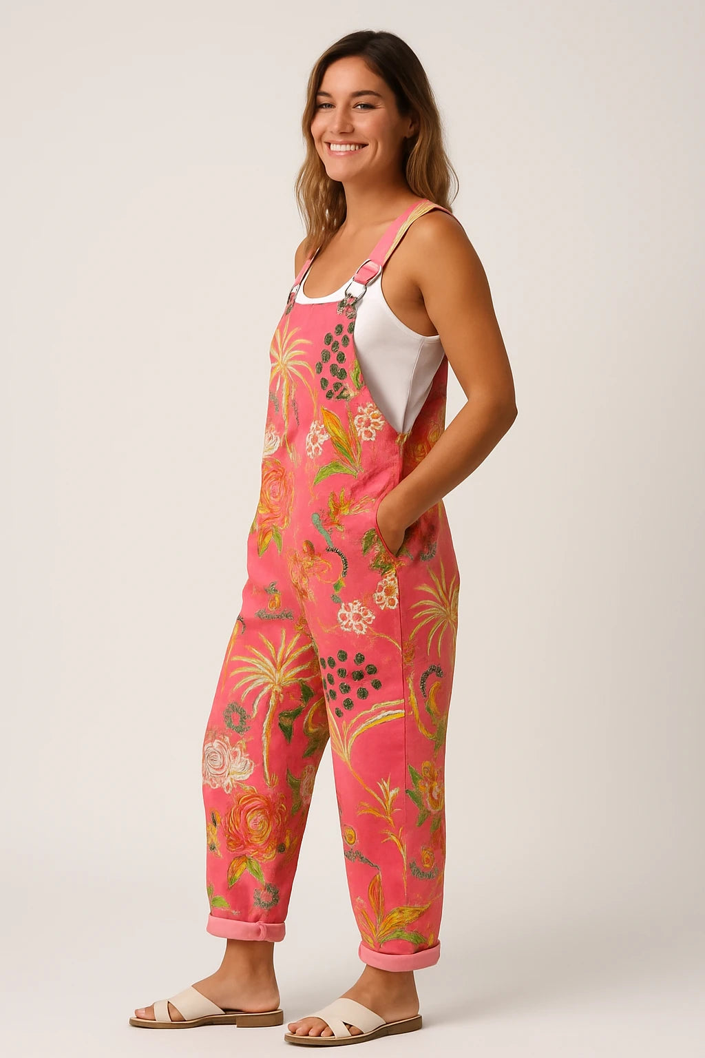 Womens Summer Overalls with Loose Fit – Adjustable Straps and Tropical Print Design - Image 1
