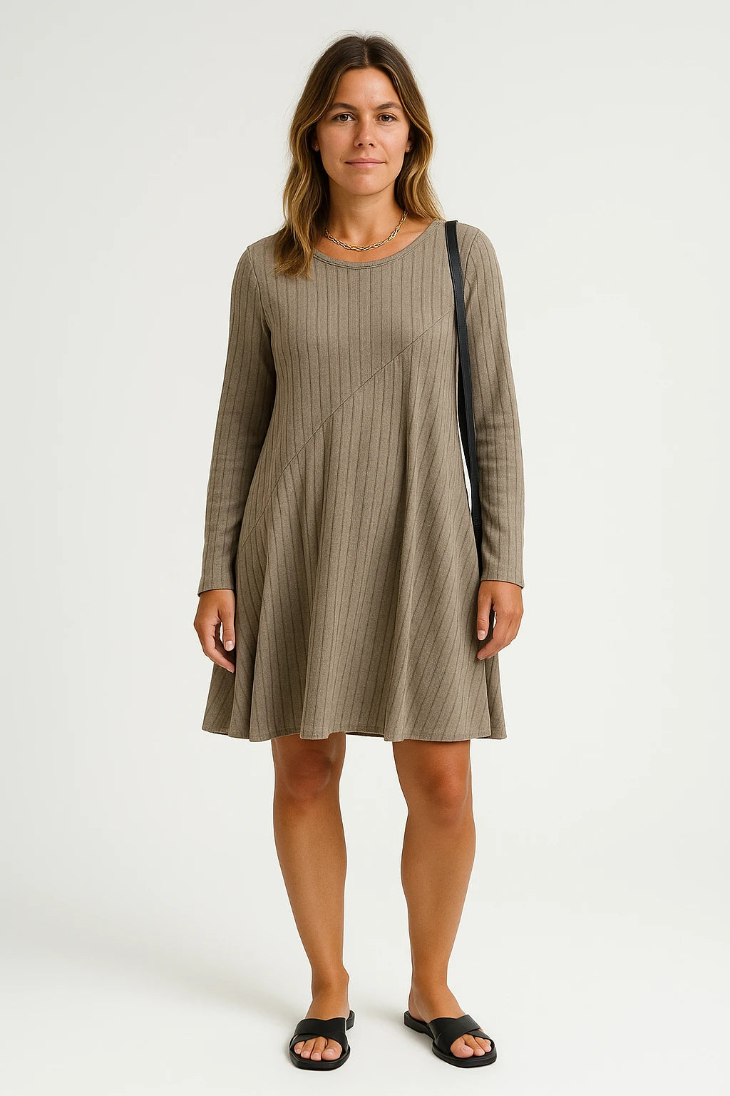 Ribbed Knit Long Sleeve Swing Dress for Women