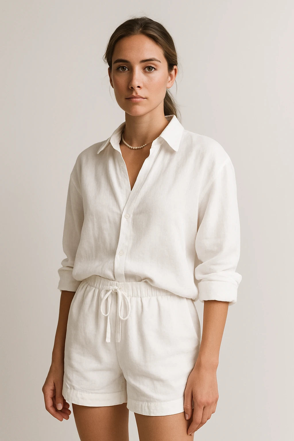 Relaxed Linen Shirt and Drawstring Shorts Set for Women