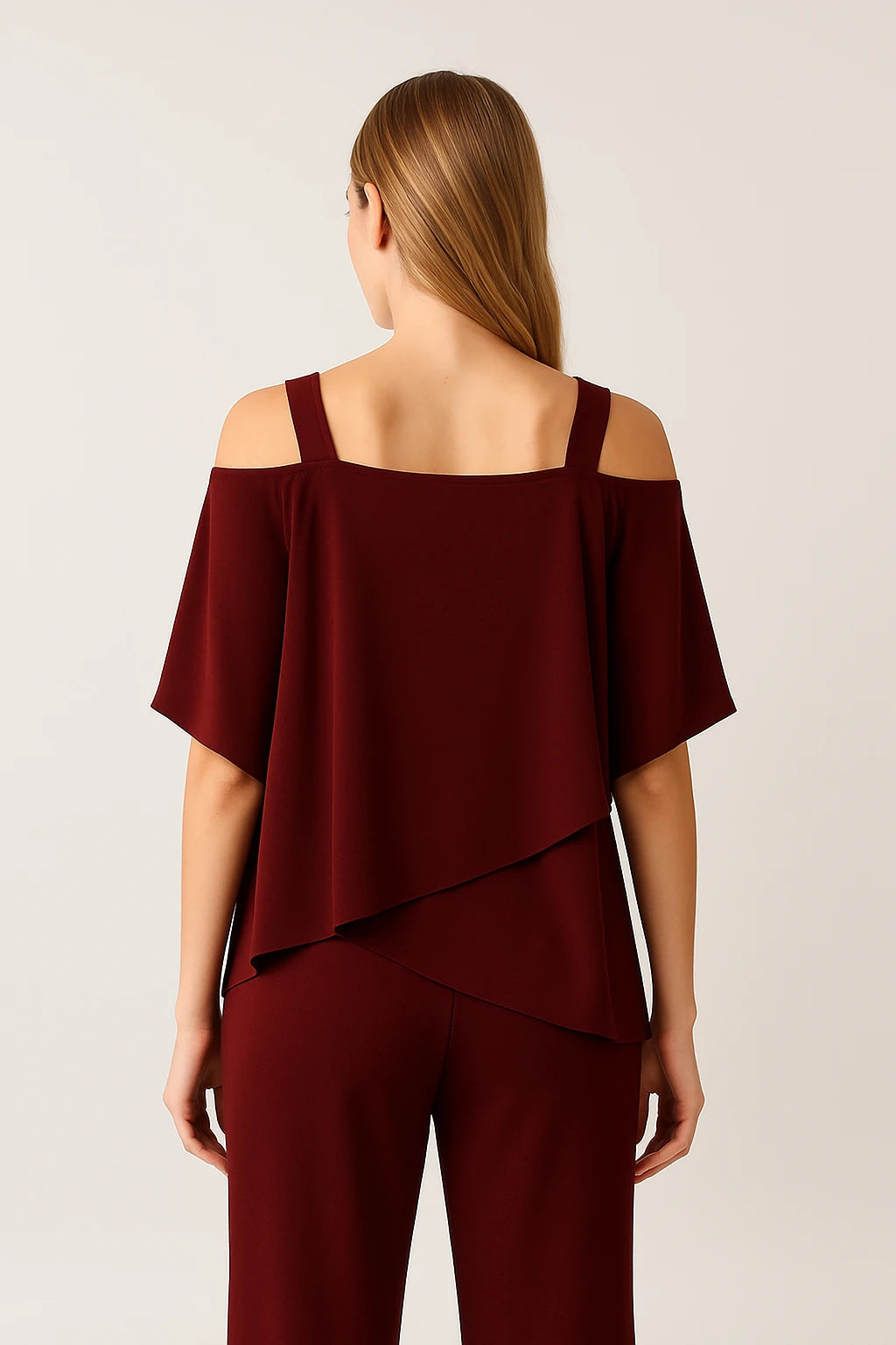 Cold Shoulder Layered Top and Straight-Leg Pants Set for Women