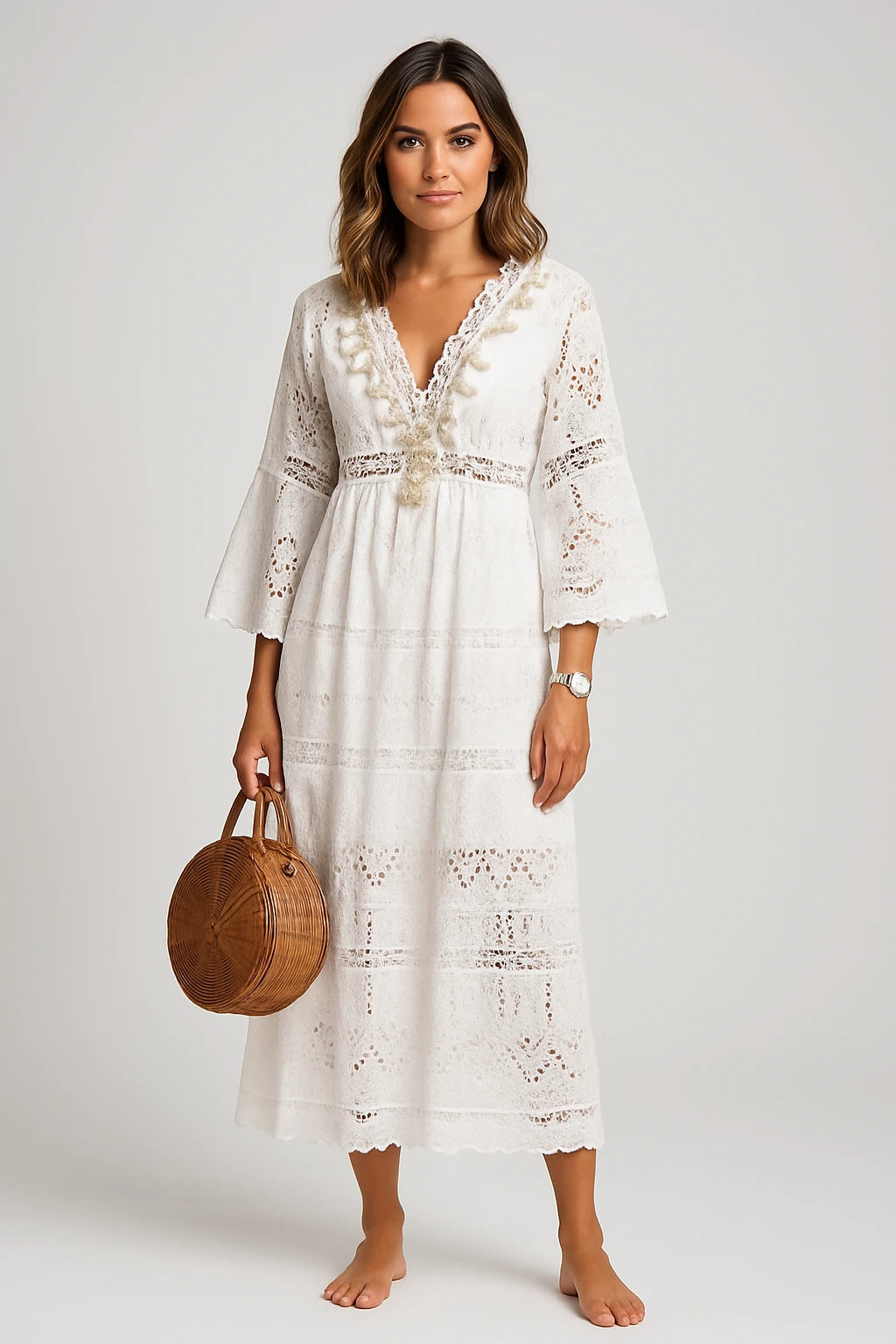 Embroidered Lace Midi Dress for Women