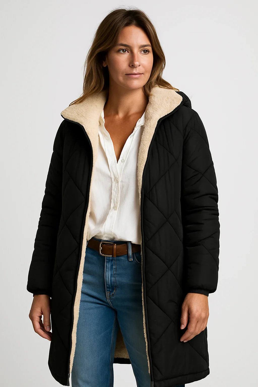 Long Quilted Hooded Coat with Soft Fleece Lining for Women