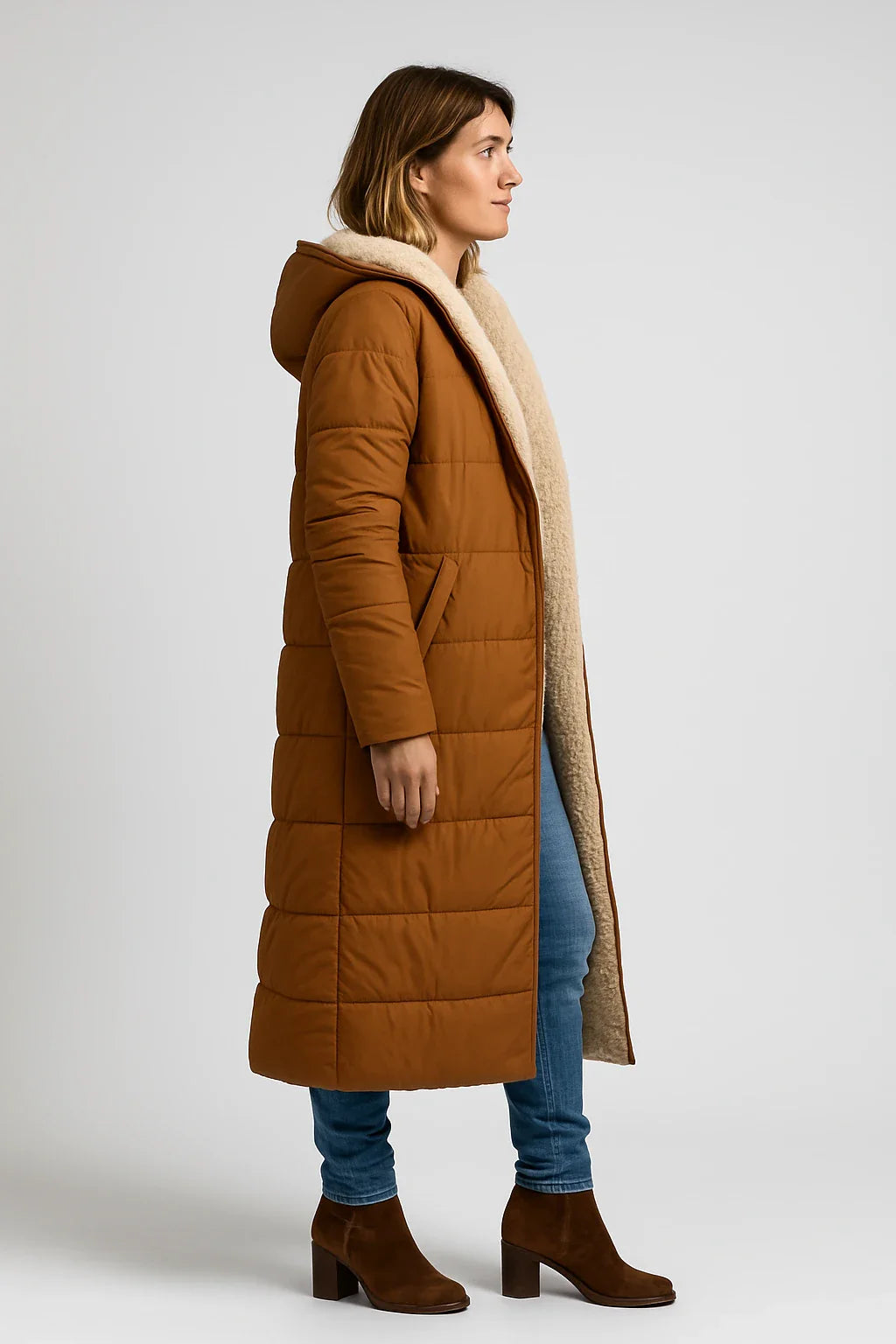 Long Quilted Hooded Coat with Soft Fleece Lining for Women