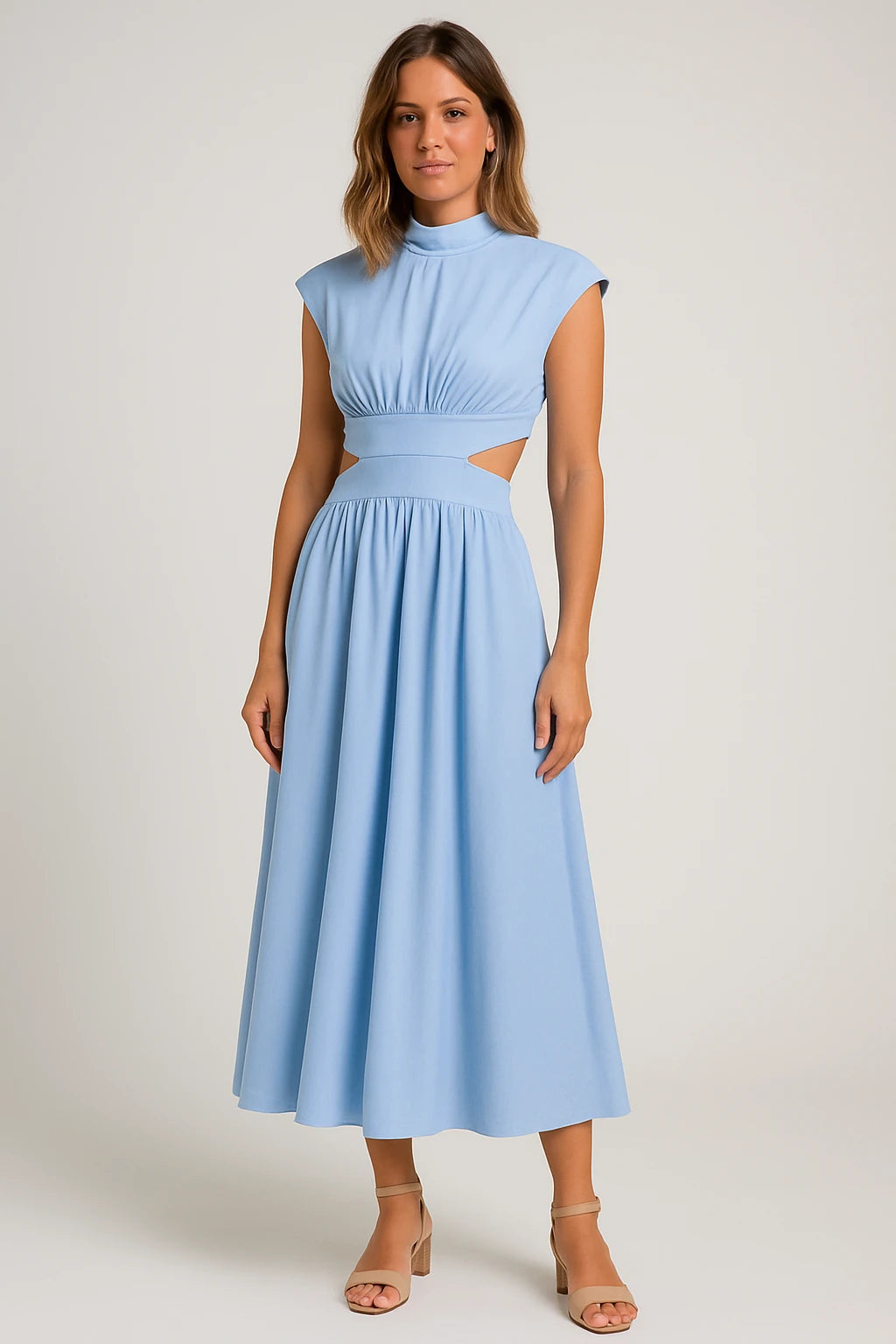 Pleated High Neck Cut-Out Midi Dress for Women