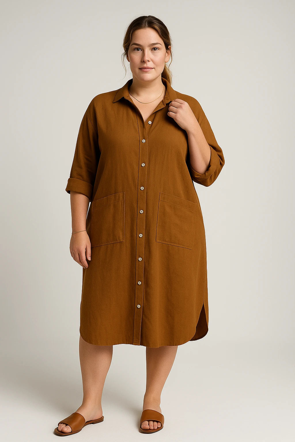 Button-Up Shirt Dress with Patch Pockets for Women