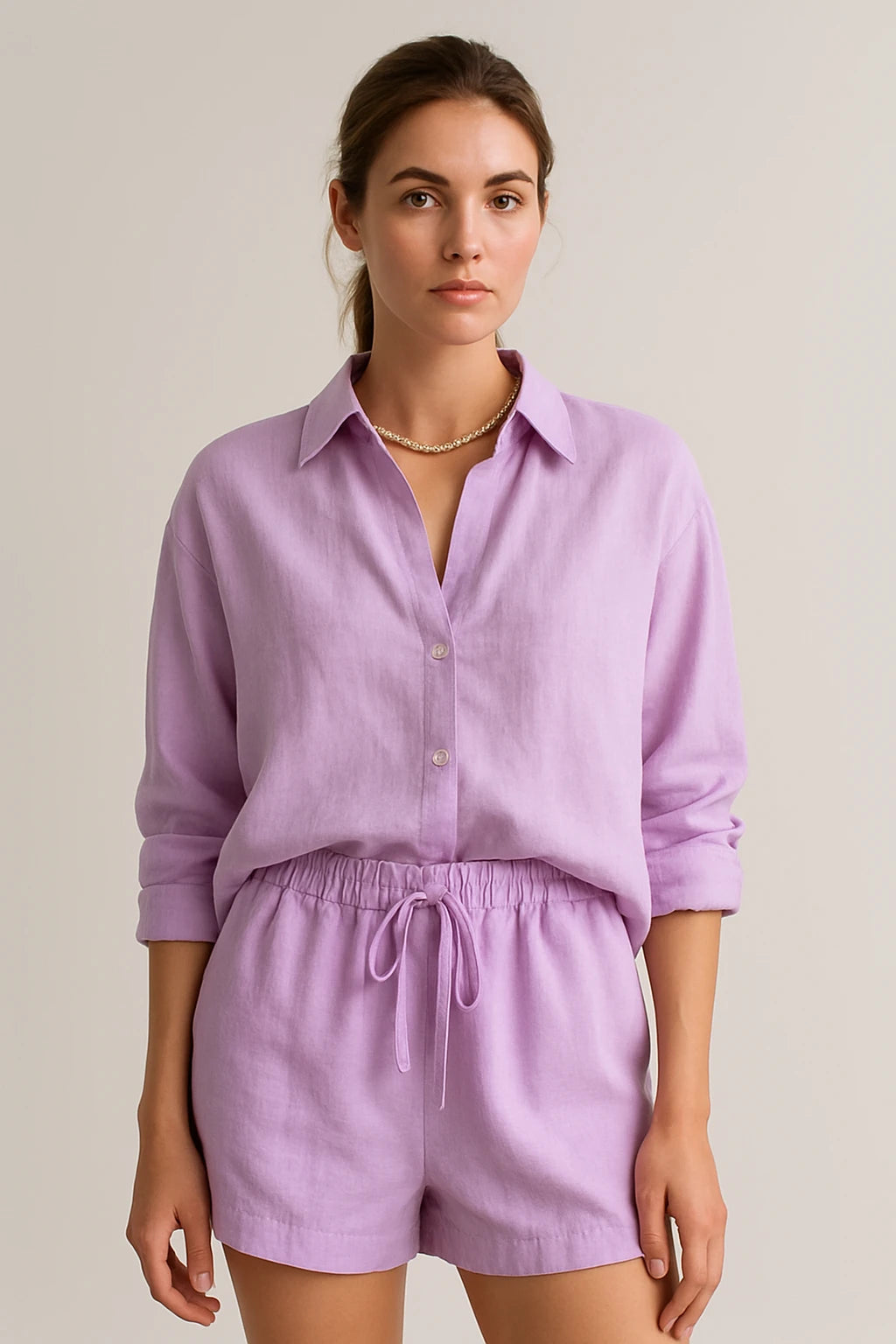 Relaxed Linen Shirt and Drawstring Shorts Set for Women