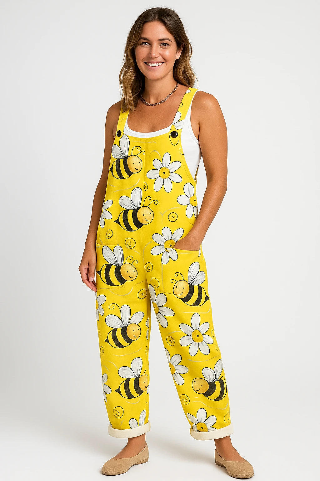 Womens Summer Overalls with Loose Fit – Adjustable Shoulder Straps and Bee Print Design - Image 6