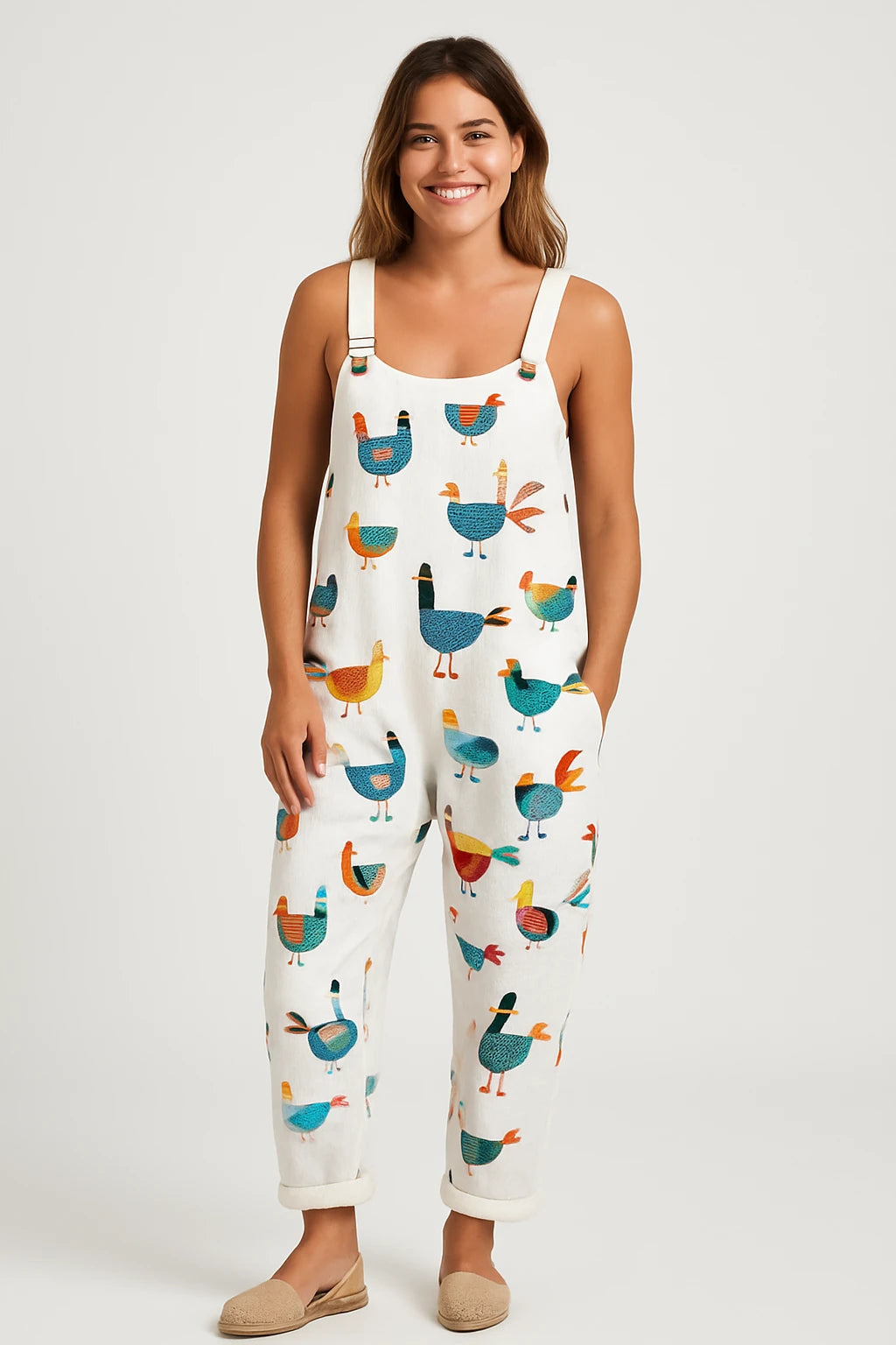 Womens Summer Overalls with Loose Fit – Playful Hen Print – Adjustable Straps and Pockets - Image 1