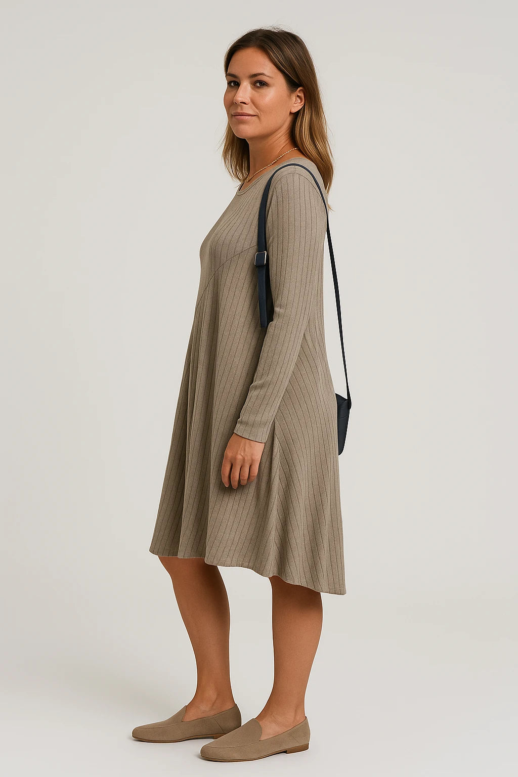 Ribbed Knit Long Sleeve Swing Dress for Women