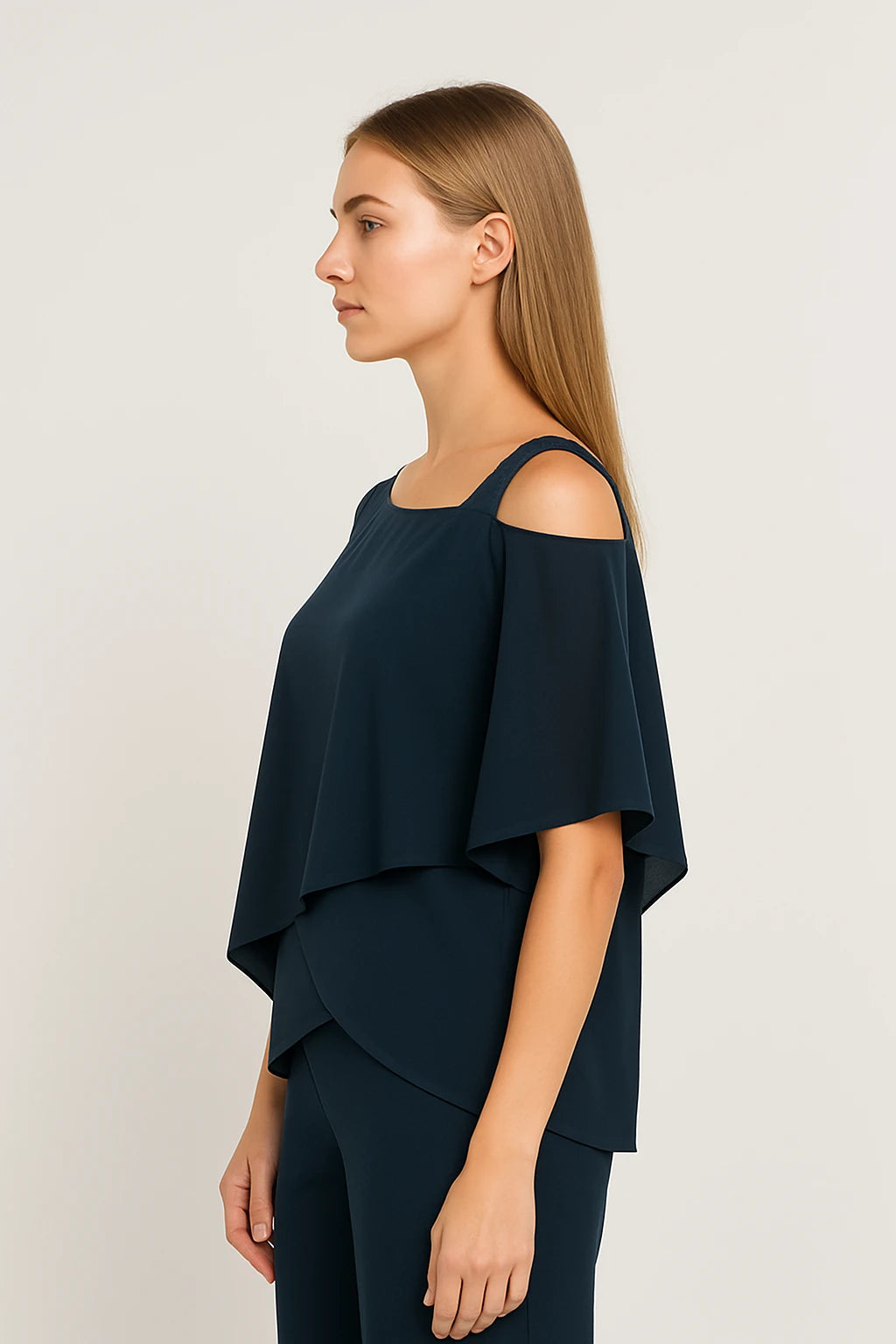 Cold Shoulder Layered Top and Straight-Leg Pants Set for Women