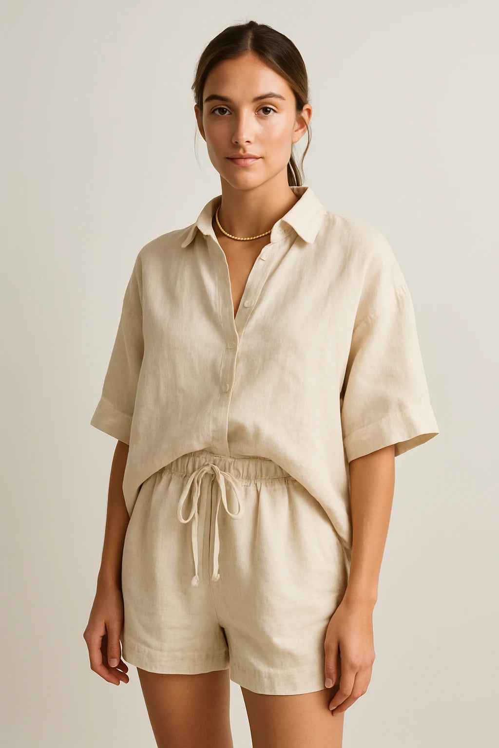 Relaxed Linen Shirt and Drawstring Shorts Set for Women