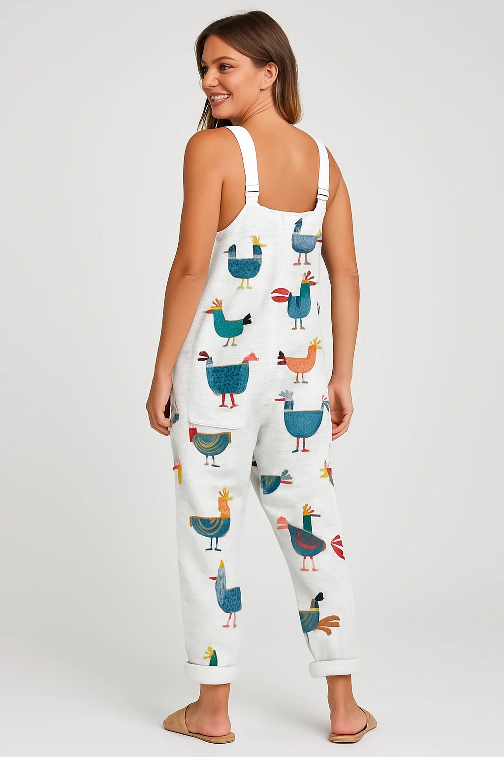 Womens Summer Overalls with Loose Fit – Playful Hen Print – Adjustable Straps and Pockets - Image 3
