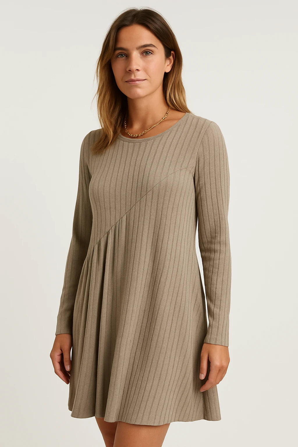 Ribbed Knit Long Sleeve Swing Dress for Women