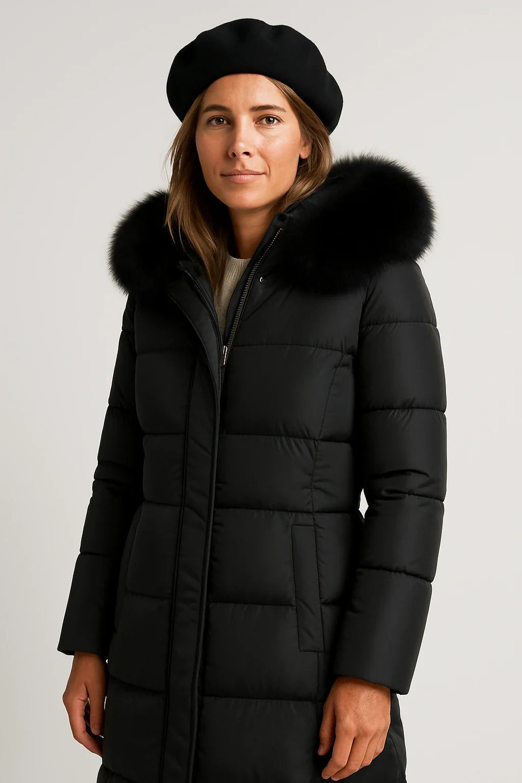 Long Quilted Puffer Coat with Faux Fur Collar for Women