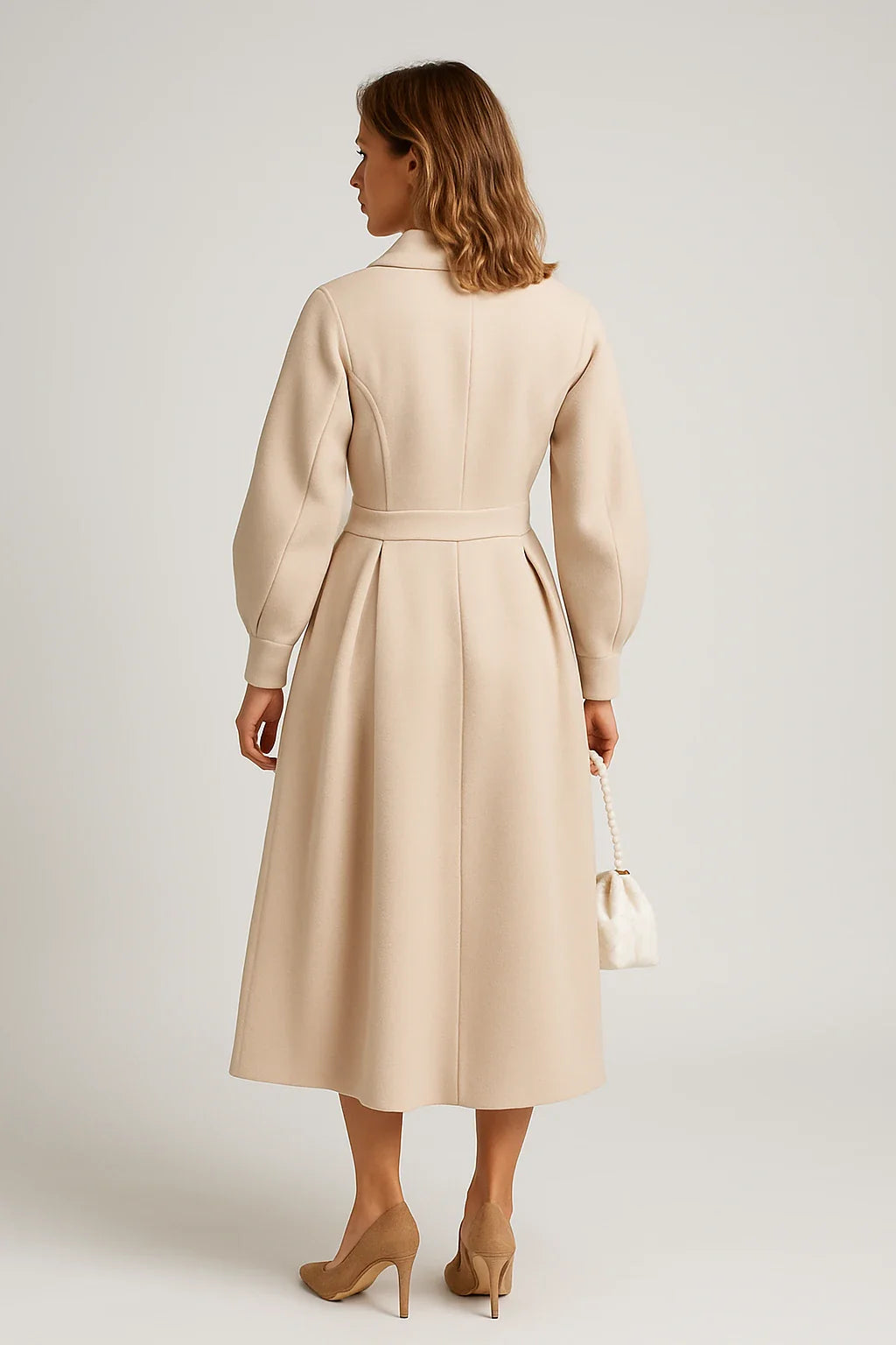 Balloon-Sleeve Belted Wool-Blend Coat for Women