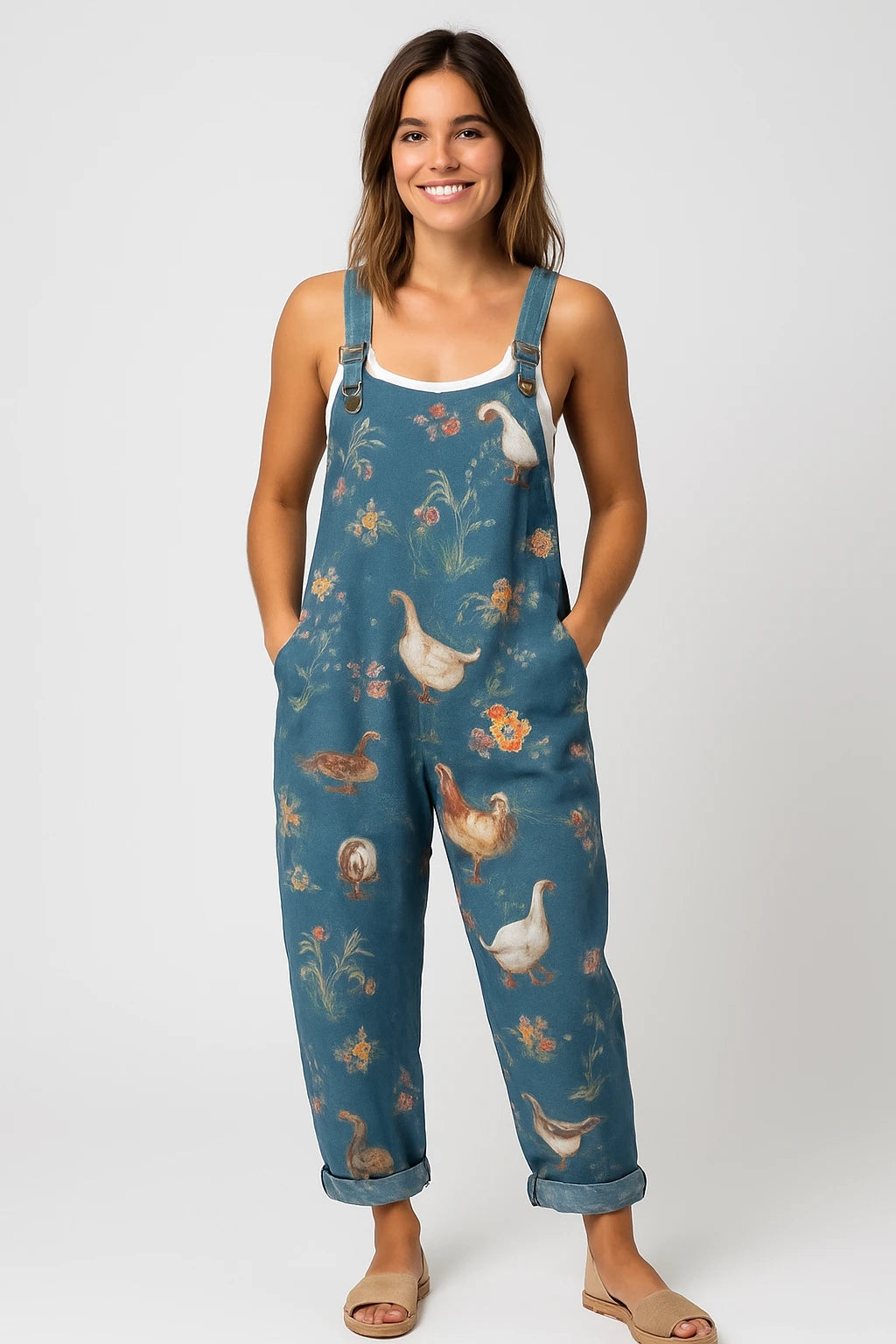 Womens All-Season Relaxed Overalls with Adjustable Straps and Playful Farmyard Print - Image 1