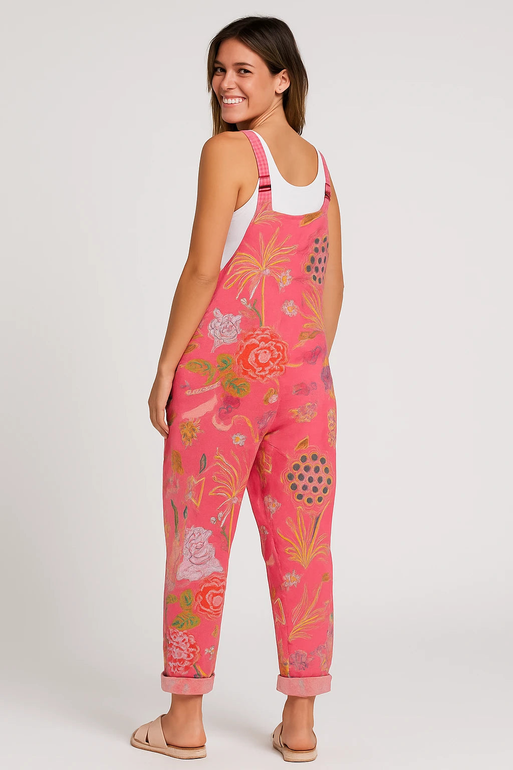 Womens Summer Overalls with Loose Fit – Adjustable Straps and Tropical Print Design - Image 3
