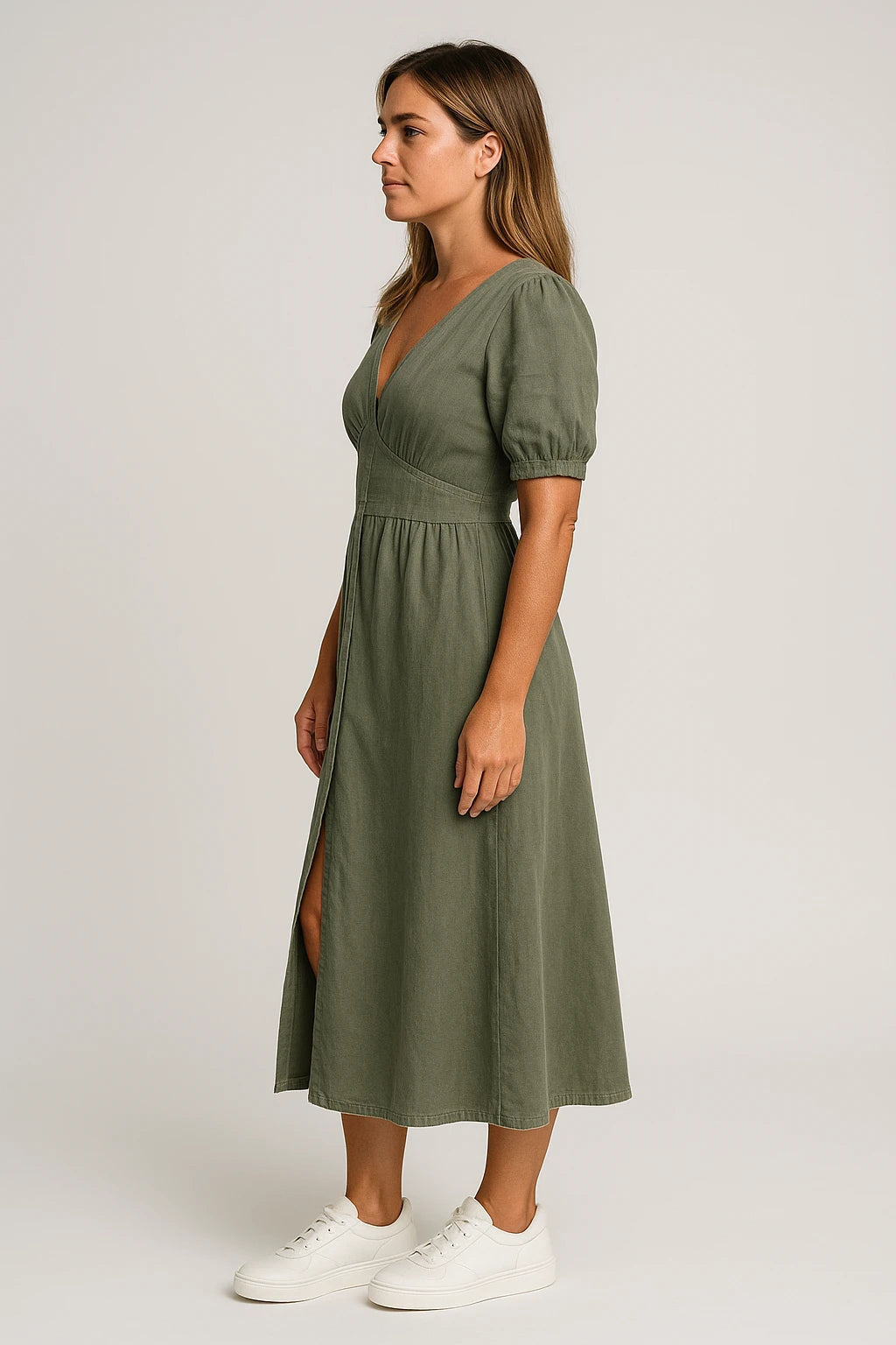 Button Front Puff Sleeve Midi Dress for Women
