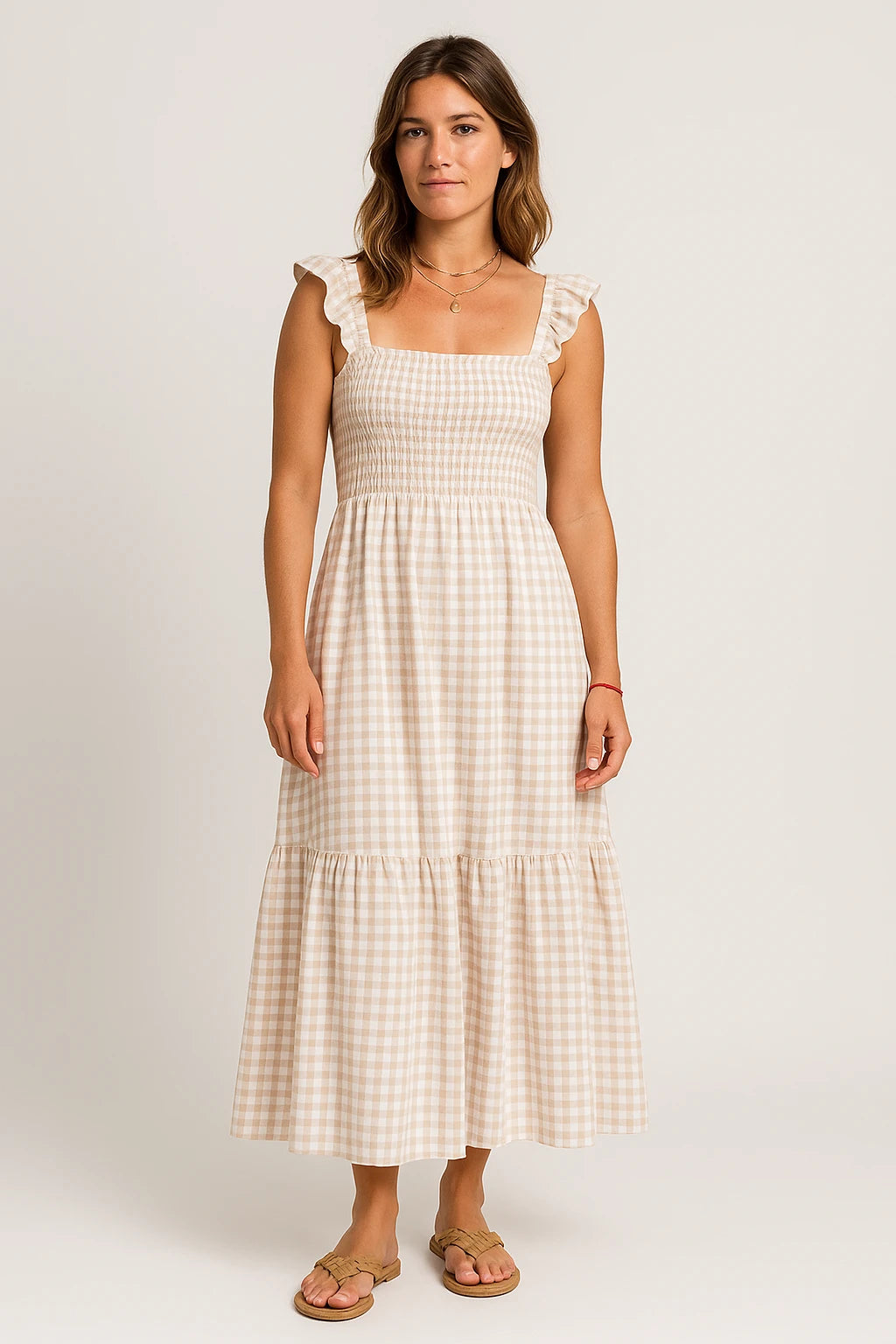 Gingham Smocked Midi Dress with Tie Straps for Women