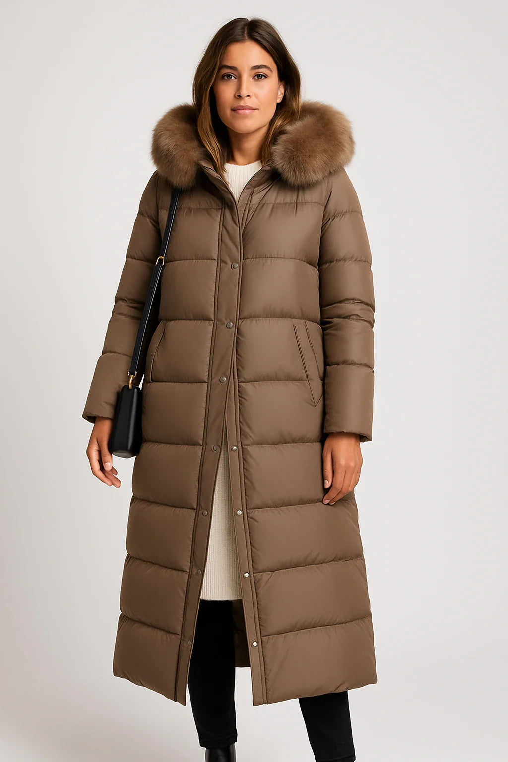 Long Quilted Puffer Coat with Faux Fur Collar for Women