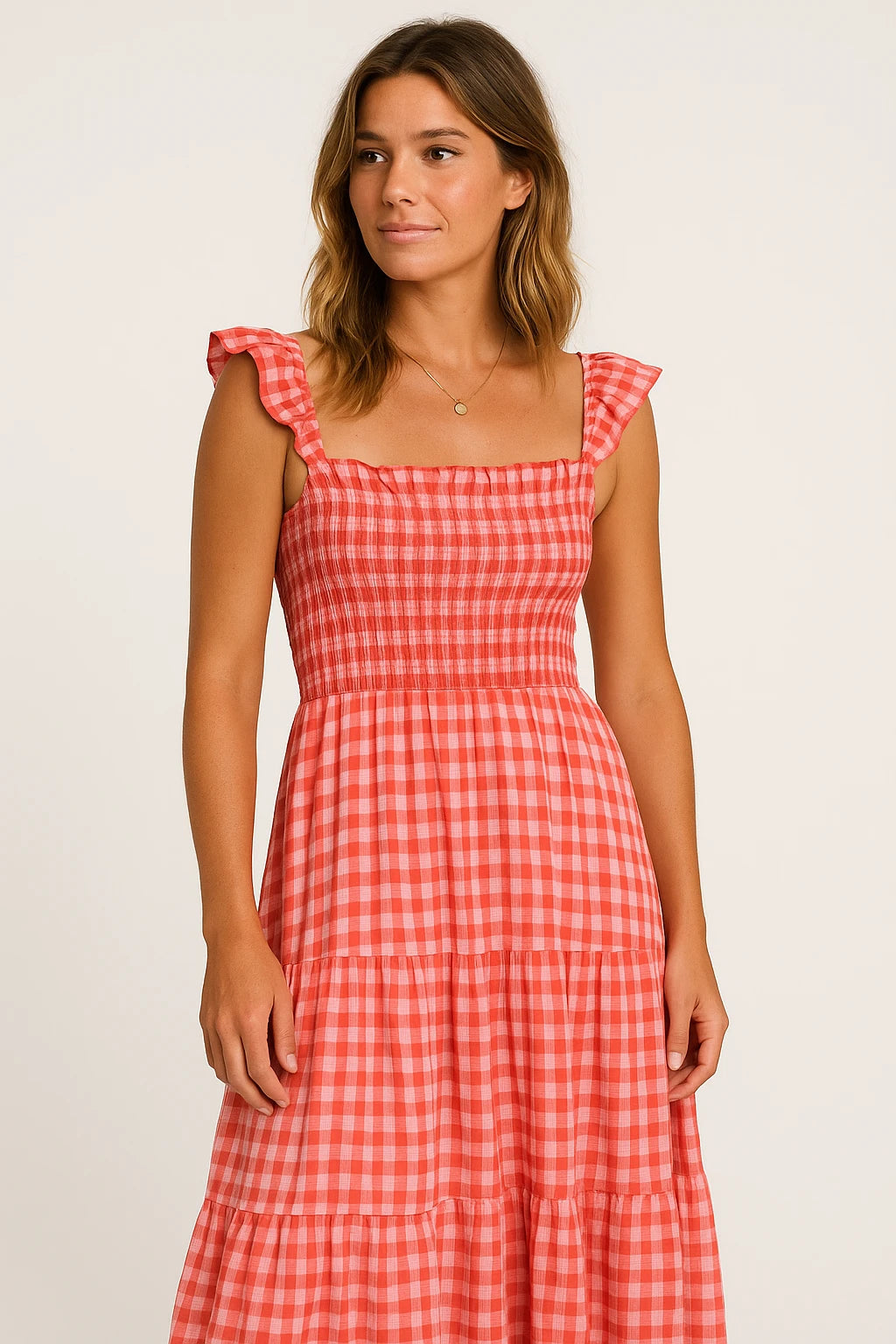 Gingham Smocked Midi Dress with Tie Straps for Women