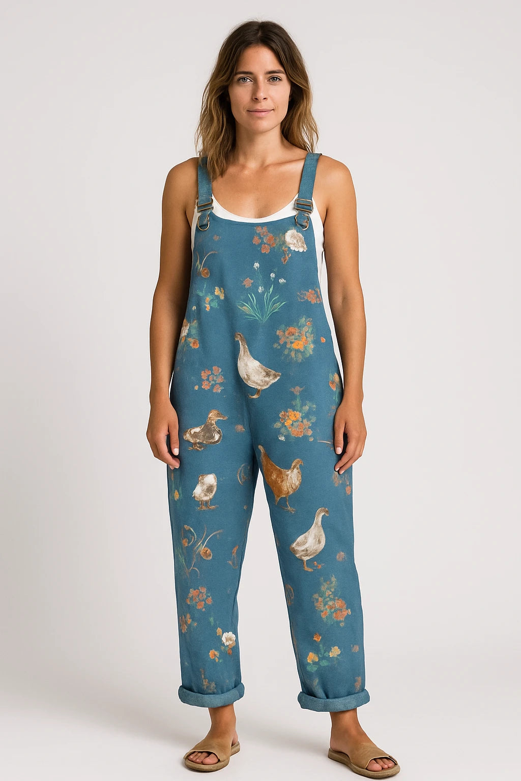 Womens All-Season Relaxed Overalls with Adjustable Straps and Playful Farmyard Print - Image 1