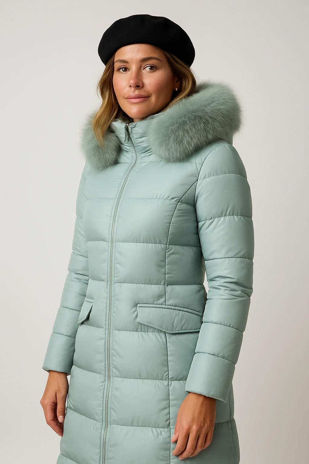 Long Quilted Puffer Coat with Faux Fur Collar for Women