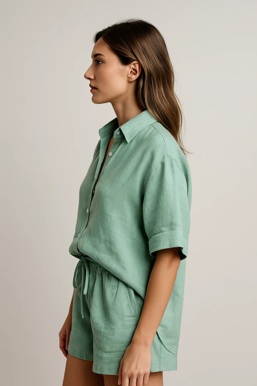 Relaxed Linen Shirt and Drawstring Shorts Set for Women