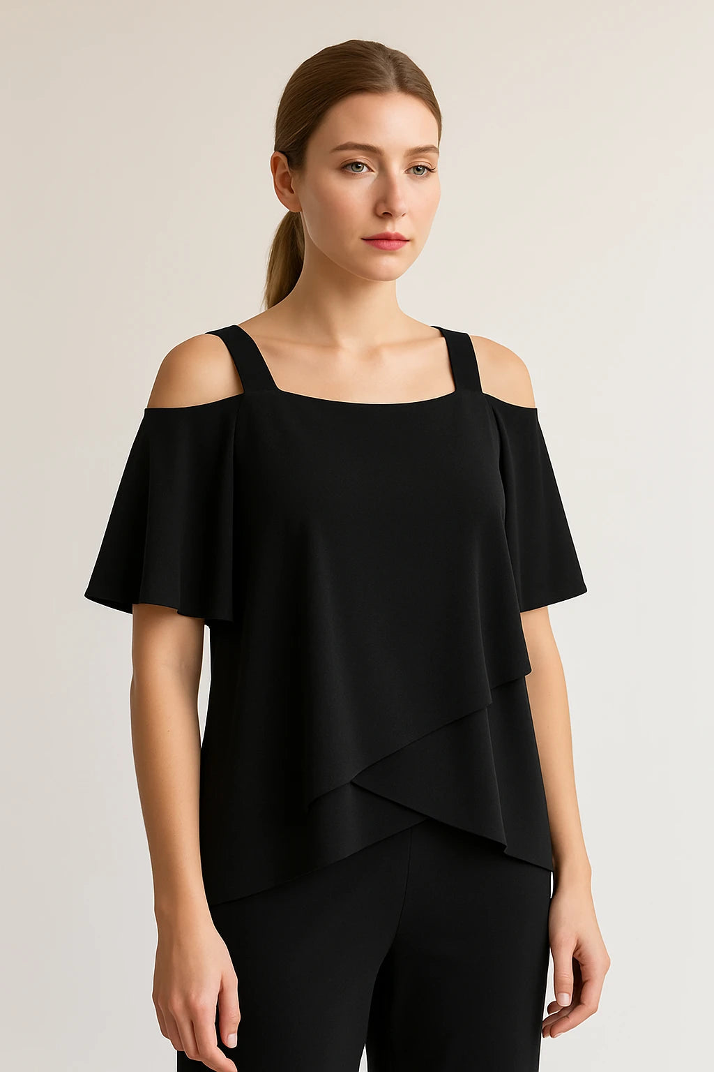 Cold Shoulder Layered Top and Straight-Leg Pants Set for Women