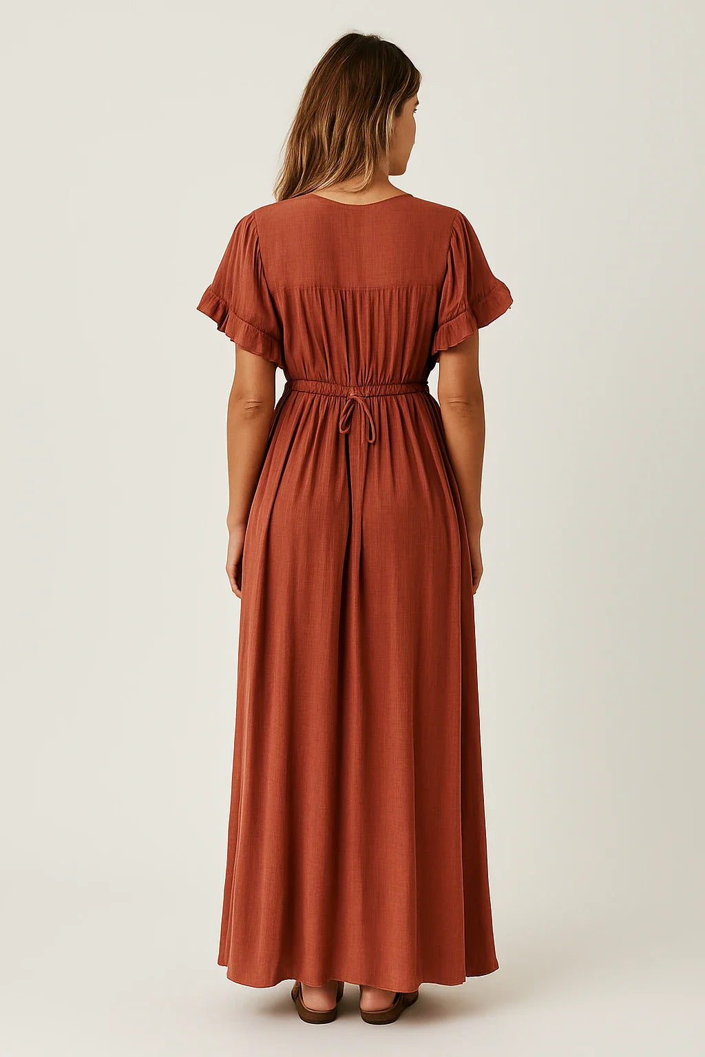 Button Front Drawstring Maxi Dress for Women