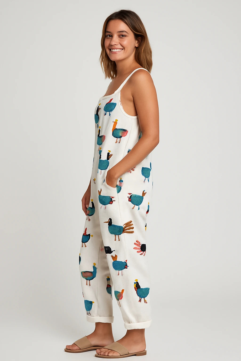 Womens Summer Overalls with Loose Fit – Playful Hen Print – Adjustable Straps and Pockets - Image 1