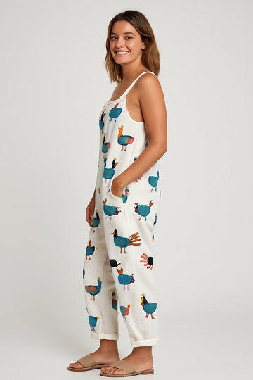Womens Summer Overalls with Loose Fit – Playful Hen Print – Adjustable Straps and Pockets - Image 1