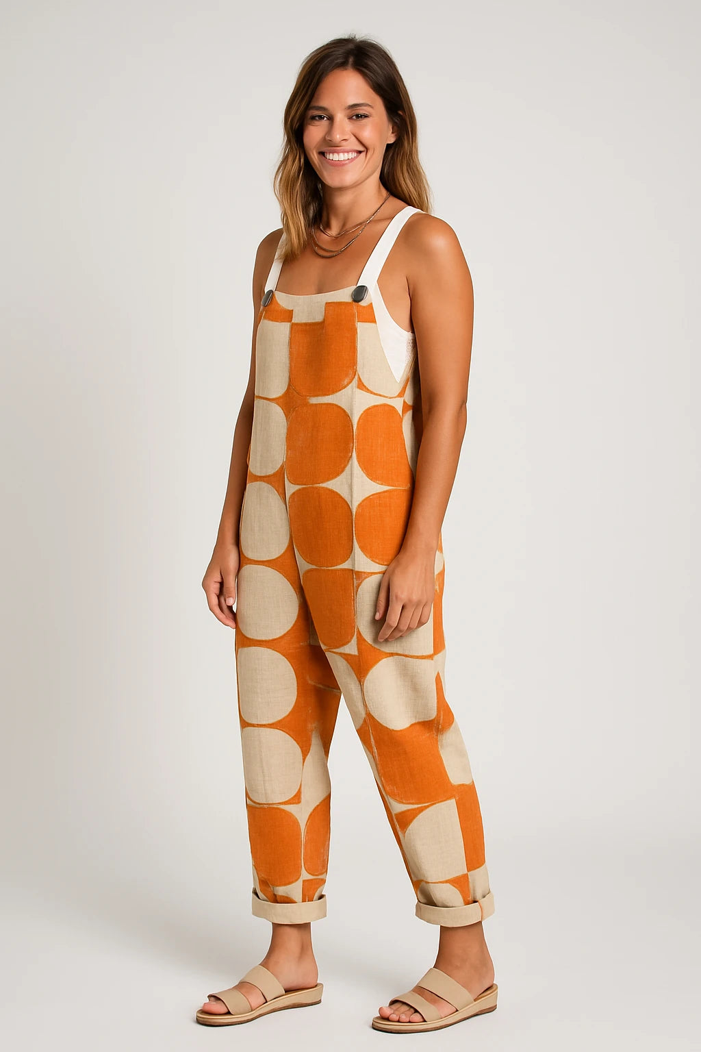 Womens Summer Overalls with Loose Fit and Adjustable Straps – Retro Sunburst Print - Image 1