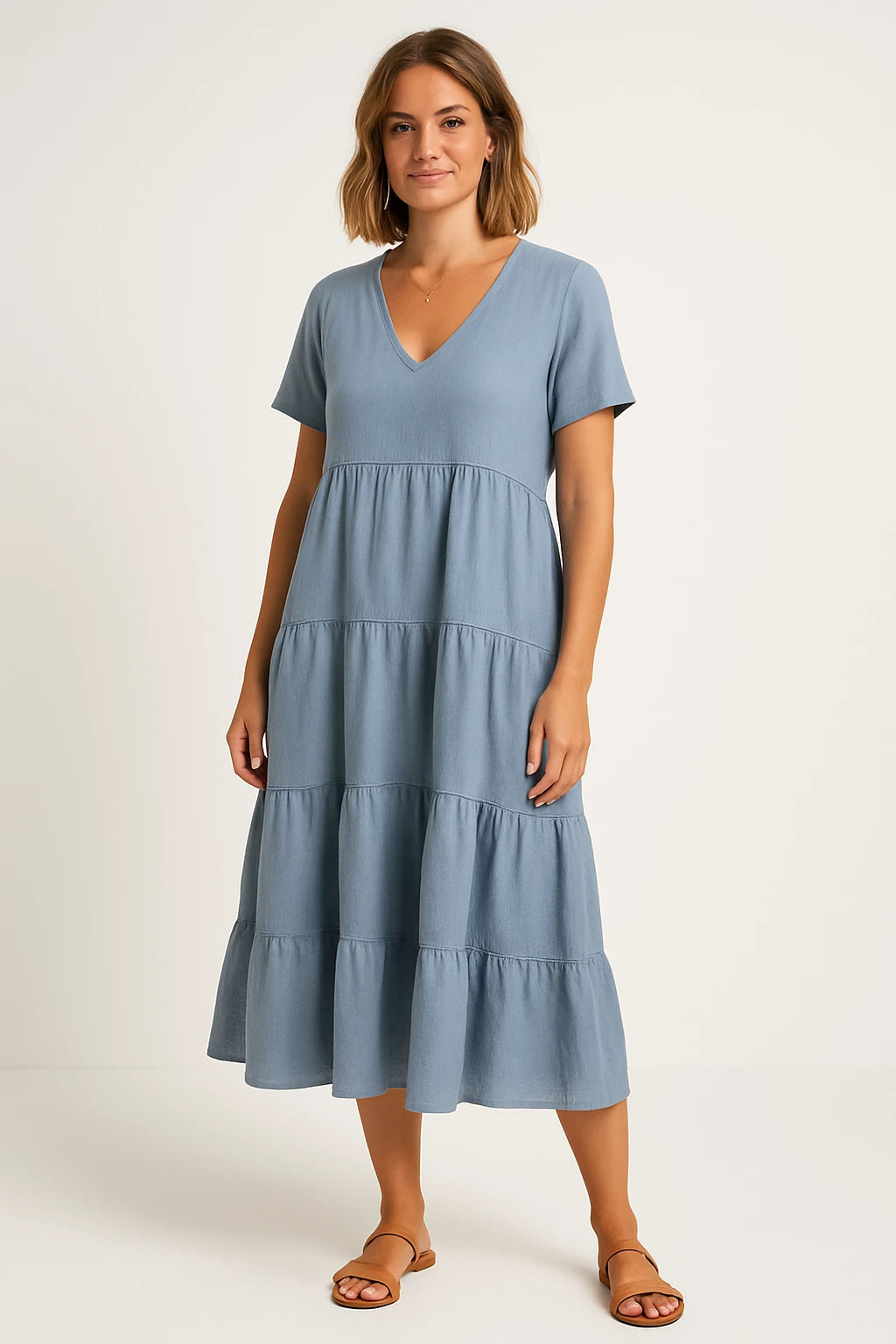 Tiered V-Neck Cotton Dress for Women