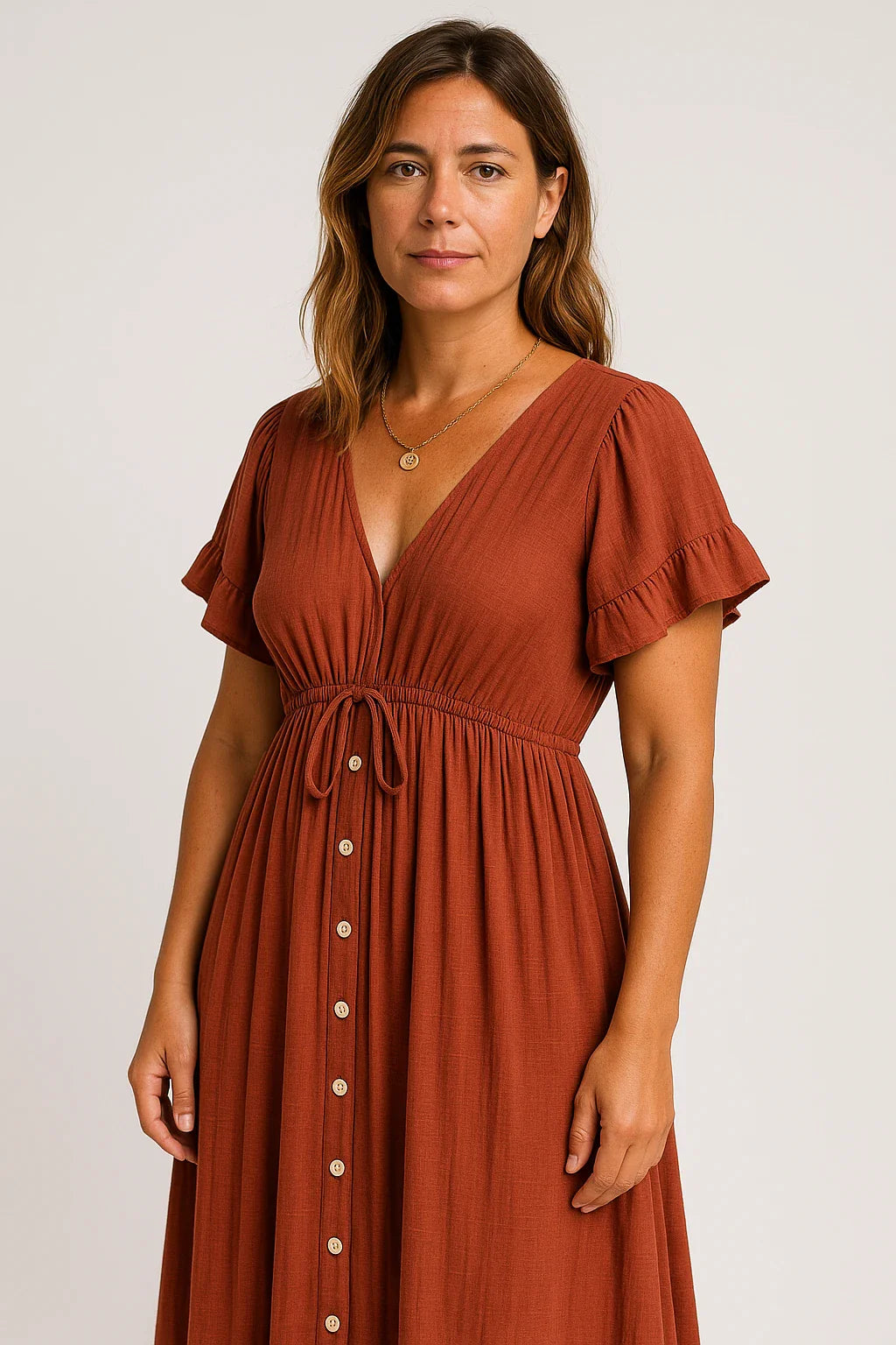 Button Front Drawstring Maxi Dress for Women