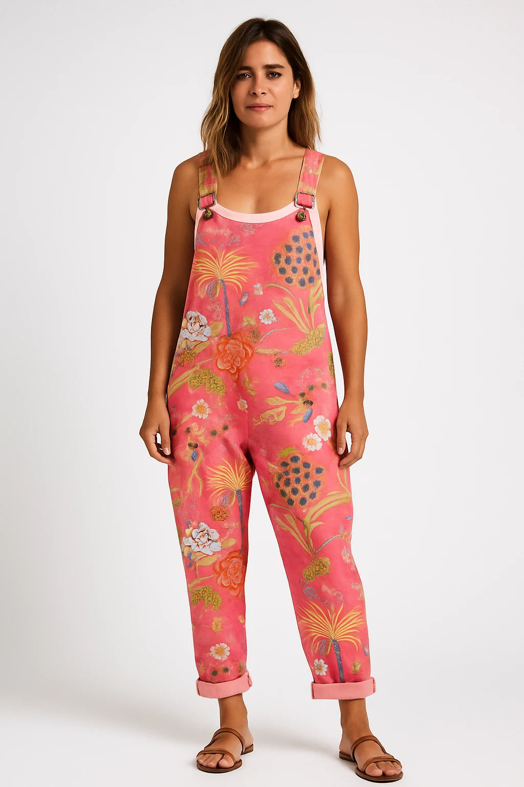 Womens Summer Overalls with Loose Fit – Adjustable Straps and Tropical Print Design - Image 4