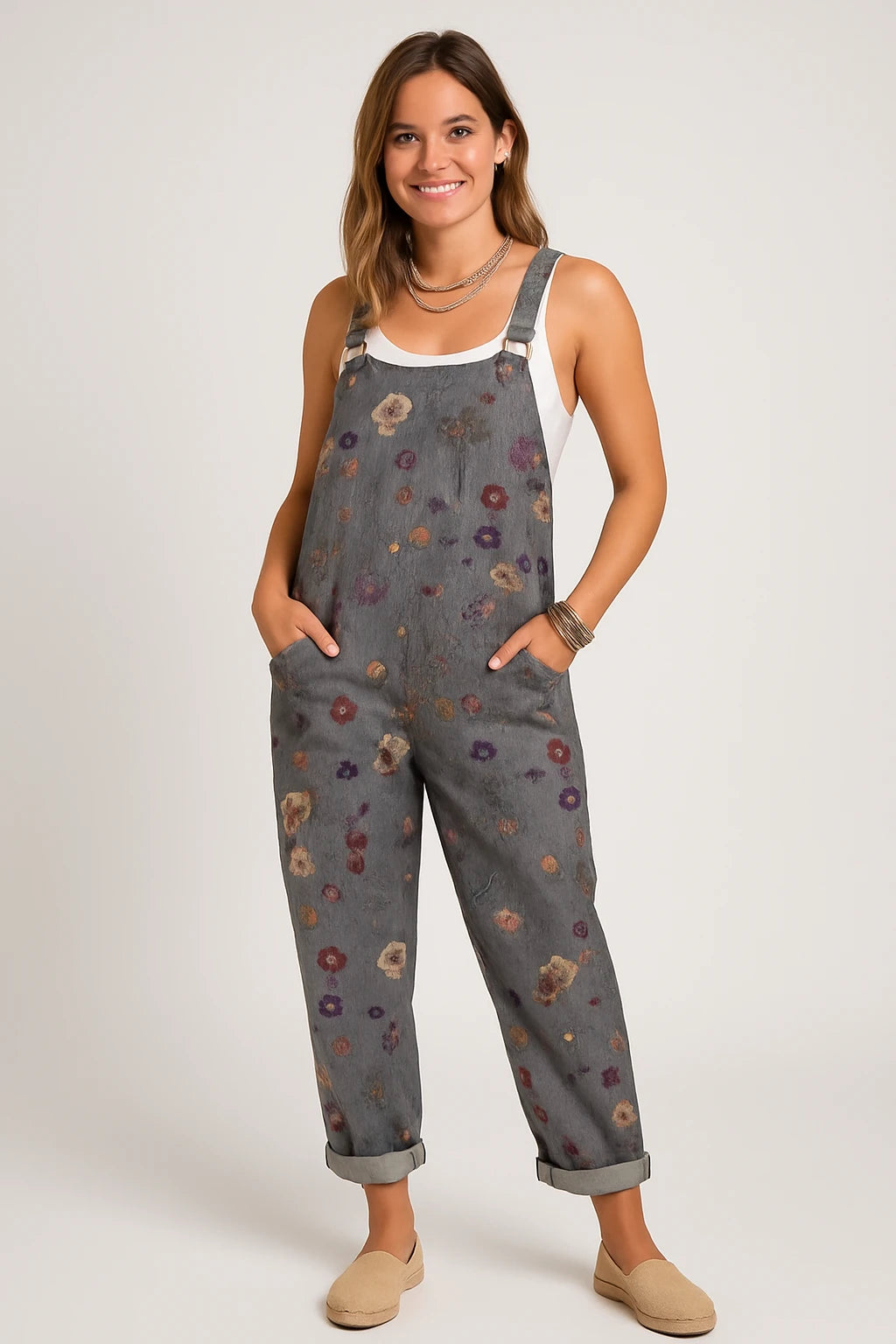 Womens Spring Overalls with Loose Fit and Adjustable Straps – Floral Print with Functional Pockets - Image 1