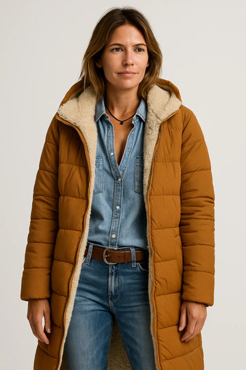 Long Quilted Hooded Coat with Soft Fleece Lining for Women