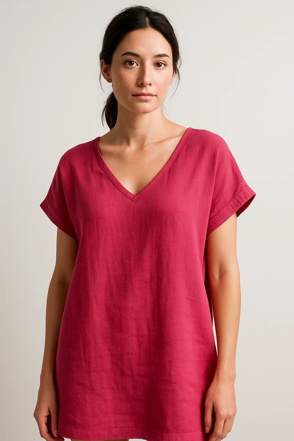 Short Sleeve V-Neck Linen Dress for Women